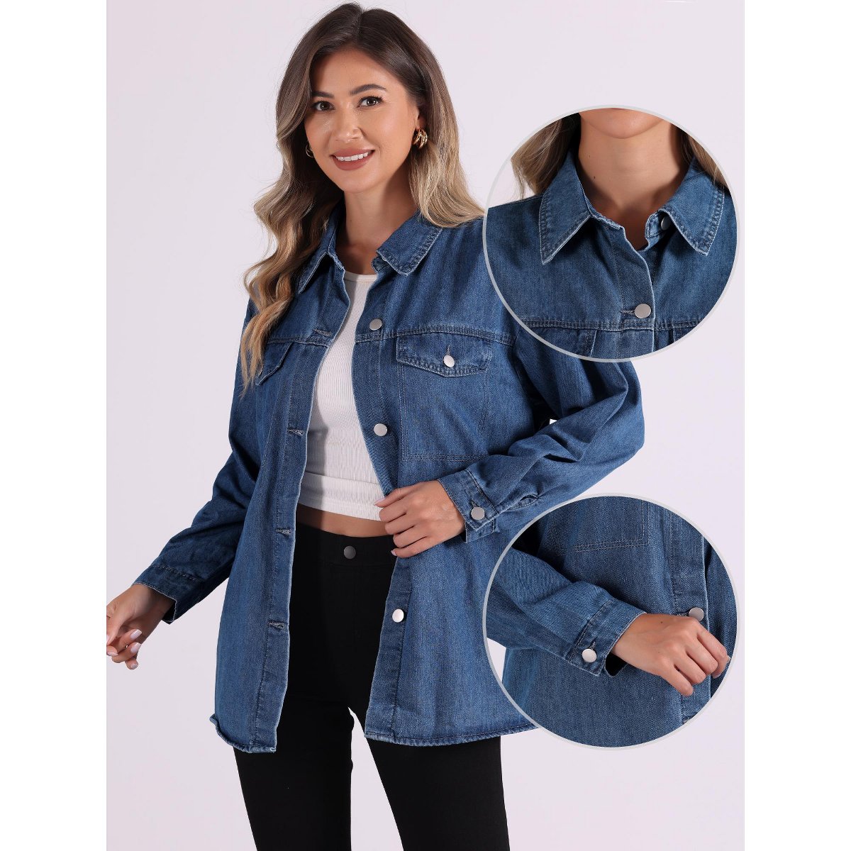 Женские куртки Allegra K Women's Collar Button Down Long Sleeve Casual Solid Denim Oversized Jacket Small Blue — фото 2