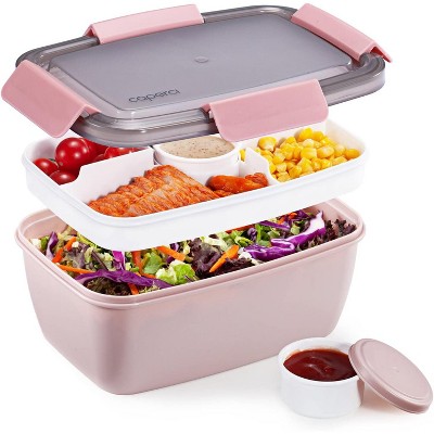 Large Salad Container Bowl for Lunch, 68 oz 5-Compartment Bento Box with Sauce Cups