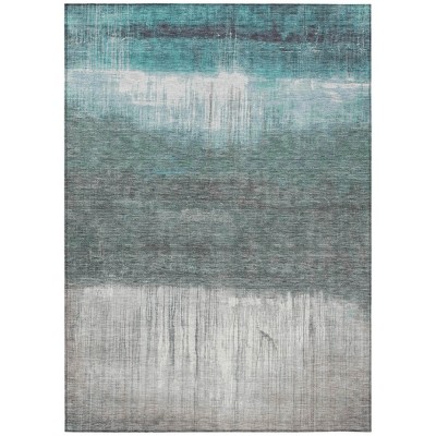 Teal Blue And Gray Abstract Washable Indoor Outdoor Area Rug