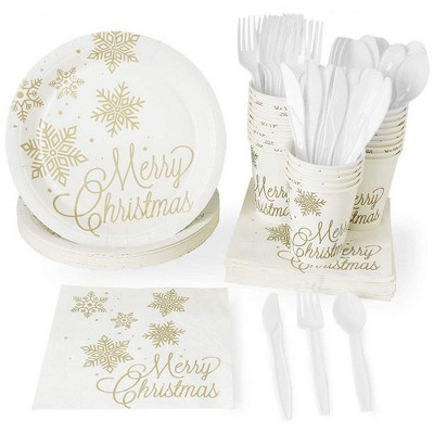 Juvale Serves 24 Merry Christmas Xmas Holiday Party Supplies, 144PCS Plates Napkins Cups, Snowflakes Favors  Tableware Dinnerware Kit Set Bulk