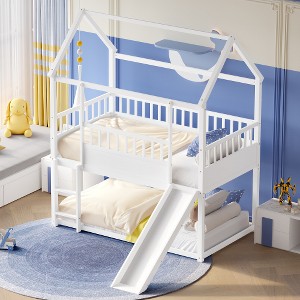 Twin Over Twin Bunk Bed, Children's Wooden Playhouse Bed With Convertible Slide, Ladder, Fall Protection Safety Guardrail And Roof For Boys Girls - 1 of 4