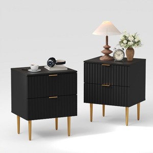Modern Fluted Nightstand with Charging Station & 2 Drawers, Gold & Wood Bedside Table - 1 of 4