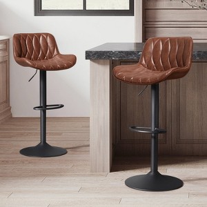 HOMLUX Set of 2 Adjustable Height Swivel Bar Stool with Leaf-Shaped Stitching，Brown - 1 of 4