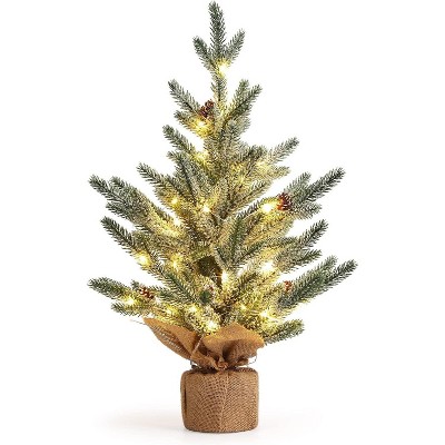 24 Inch Pre-Lit Tabletop Christmas Tree, Frosted Mini Pine with Red Berries, 50 Warm Lights, Holiday Centerpiece for Home, Office Desk, Green