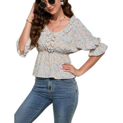WhizMax Women's Blouse V Neck Half Sleeve Shirts Babydoll Tops Business Casual Lantern Sleeve Tunic Tops