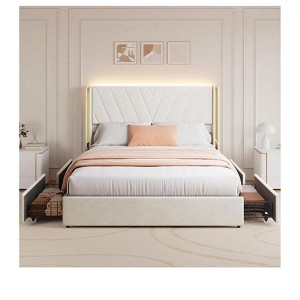 Upholstered Led Bed Frame with 4 Storage Drawers, Queen Size, Velvet Platform Bed Frame with Wingback Headboard, No Box Spring Needed, Noise-Free - 1 of 4