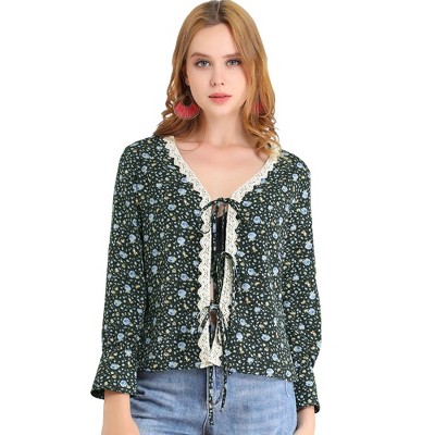 INSPIRE CHIC Women's Floral Print Tie Up Open Front Scalloped Lace Trim Long Sleeve Blouse