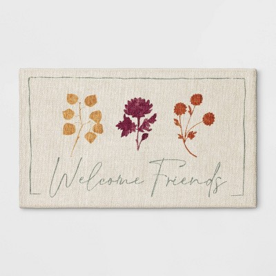 1'8"x2'10" Washable 'Welcome Friends' Chenille Scatter Accent Rug Ivory - Threshold™: Indoor Floral Flat Pile Rug