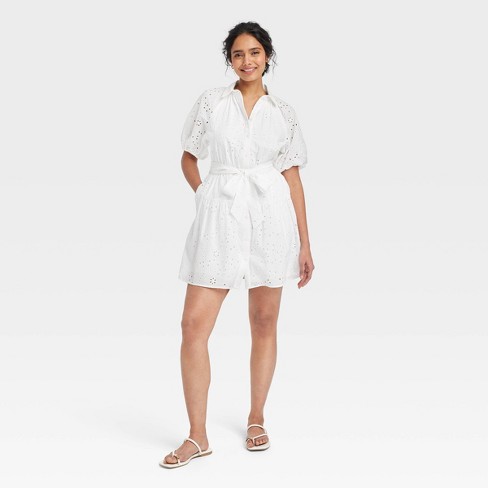 Scoop Women's Eyelet Short Shirt Dress with Volume Sleeves 