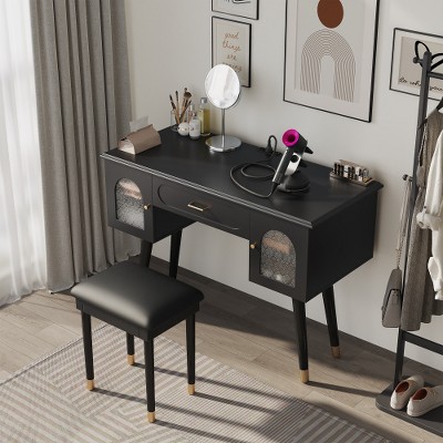 LIVAREEmlen Elegant Vanity Makeup Table & Chair Set, Modern Dressing Table with Organizer, Writing Desk, Charging Port, Black