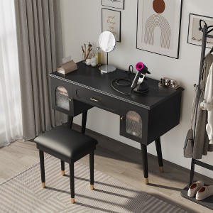 LIVAREEmlen Elegant Vanity Makeup Table & Chair Set, Modern Dressing Table with Organizer, Writing Desk, Charging Port, Black - 1 of 4