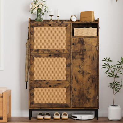 Rattan Shoe Cabinet with 3 Flip Drawers, Freestanding 4-Tier Shoe Storage Organizer with Adjustable Shelves