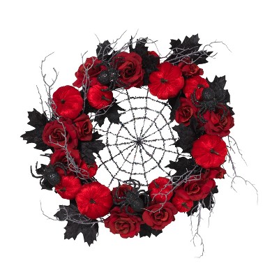  Gerson International 24-Inch Diameter Halloween Spiderweb Wreath with Roses and Pumpkins 