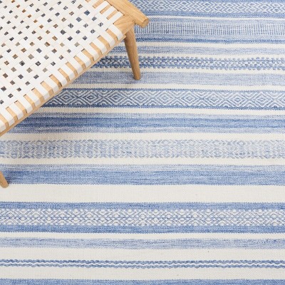 Ivory and Blue Striped 4' x 6' Flat Woven Wool Rug