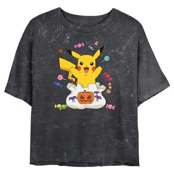 Juniors Womens Pokemon Halloween Pikachu Candy Pumpkin Bag T-Shirt