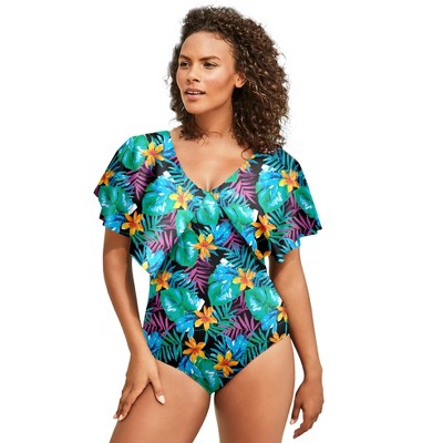 Swim 365 Women's Plus Size Sarong Swimsuit, 14 - Multi Textured Palm :  Target