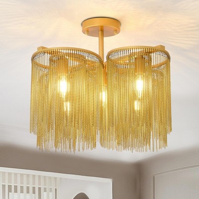 PAKOKULA Modern 19.7 in. 5-Light Gold Spiral Semi-Flush Mount Ceiling Light with Chain-Link Metal Shade