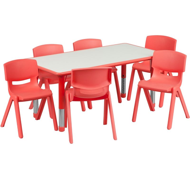 Emma and Oliver 23.625"W x 47.25"L Rectangular Plastic Height Adjustable Activity Table Set with 6 Chairs, 1 of 10