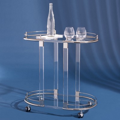 Small Clear Acrylic and Brass Oval Bar Cart with Storage