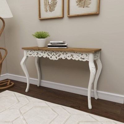 Elegant Farmhouse 46" White and Brown Wood Carved Console Table
