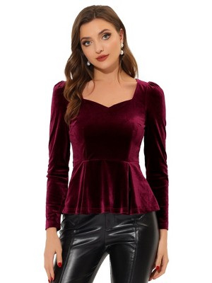 INSPIRE CHIC Women's Elegant Sweetheart Neck Long Sleeve Velvet Peplum Top