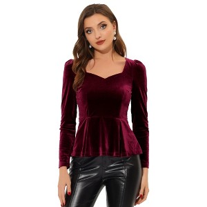 INSPIRE CHIC Women's Elegant Sweetheart Neck Long Sleeve Velvet Peplum Top - 1 of 4