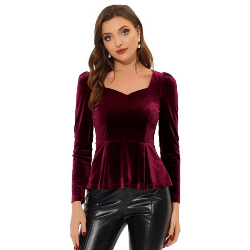 Allegra K Women's Elegant Sweetheart Neck Long Sleeve Velvet Peplum Top  Burgundy Medium : Target