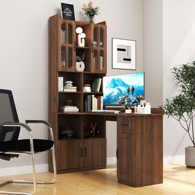 NicBex 60"/55" L-Shaped Desk with Bookshelf,Computer Desk with Drawers,2-in-1 Office Desk with Hutch,Corner Desk for Bedroom,Home Office