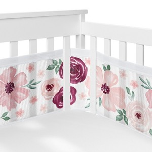 Sweet Jojo Designs Girl BreathableBaby Breathable Mesh Crib Liner Baby Nursery Watercolor Floral Burgundy Wine and Pink - 1 of 4