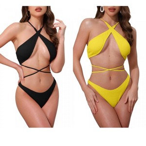 INSPIRE CHIC Women's Criss Cross Backless Ribbed Strappy Top Triangle Bottom Swimwear Bikini Suits 2 Sets - 1 of 4