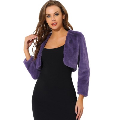 Allegra K Women's Cropped Open Front Collarless Long Sleeve Faux Fur Jacket