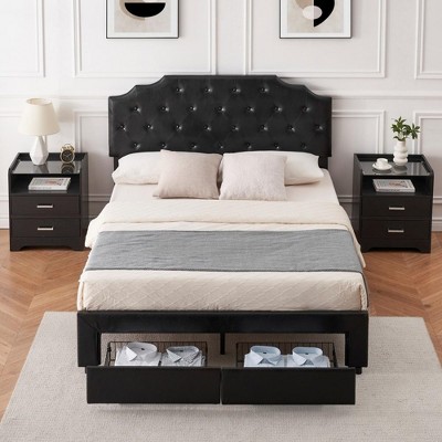 WhizMax Black Leather Upholstered Queen Size Platform Bed Frame with 2 Storage Drawers and Curved Button Tufted Design Headboard, Wood Slats Support