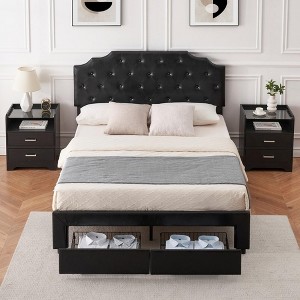 WhizMax Black Leather Upholstered Queen Size Platform Bed Frame with 2 Storage Drawers and Curved Button Tufted Design Headboard, Wood Slats Support - 1 of 4