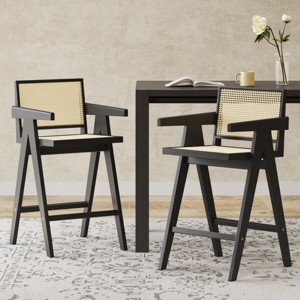 27" Mid-Century Modern Counter Height Bar Stool Set of 2 with Cane Back & Solid Wood Frame for Kitchen Island-Baofuwish - 1 of 4