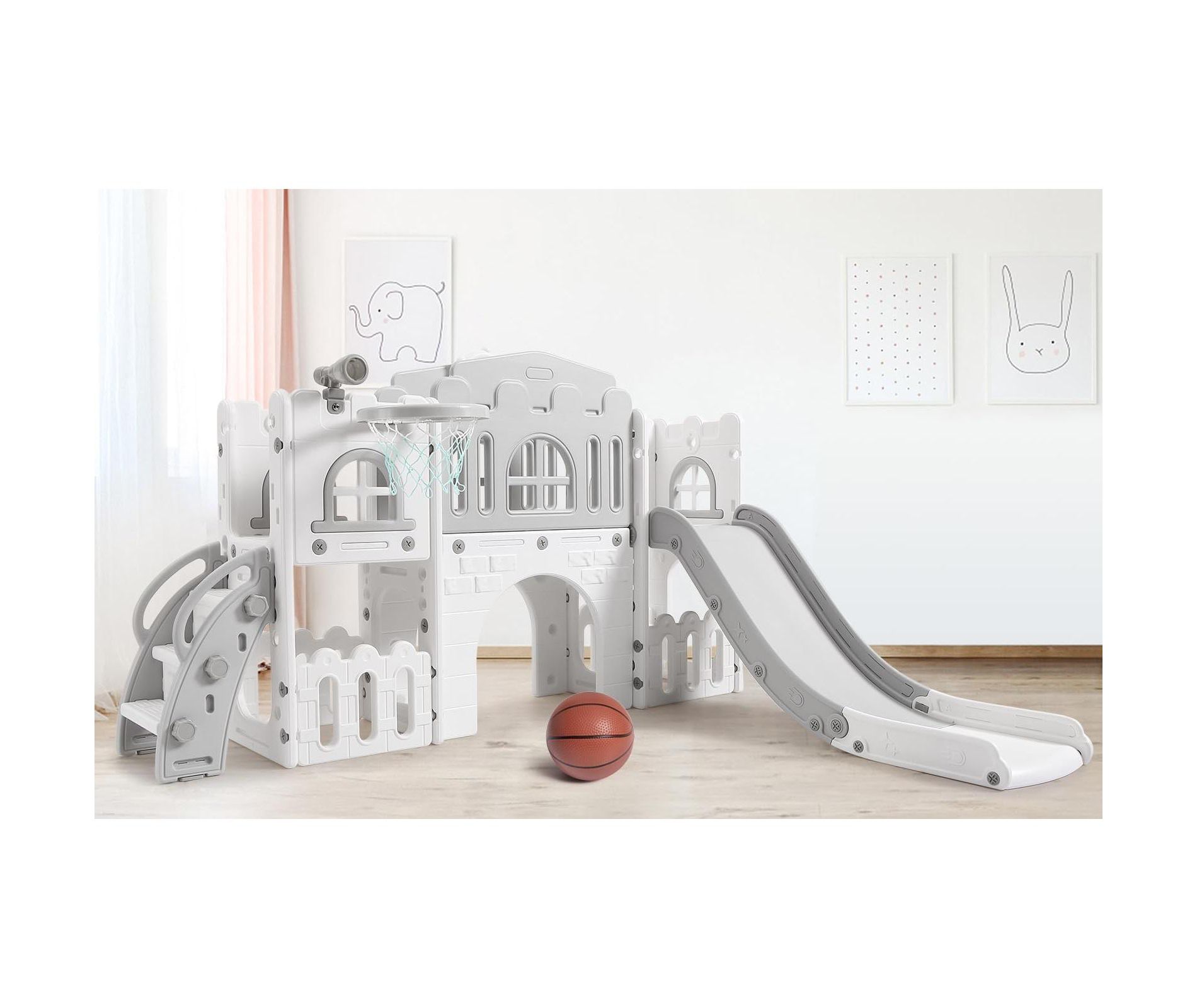 8-in-1 Toddler Indoor Playground with Slide: Baby Slide Playset for Toddlers Ages 1-3 Outdoor Play, Kids Slide Includes Basketball Hoop, Telescope