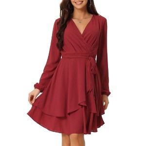 Seta T Women's Deep V Neck Wrap Long Sleeve Tie Waist Mini Skating Flowy A-Line Dress - 1 of 4