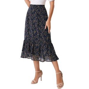 INSPIRE CHIC Women's Chiffon Elastic Waist Ruffle Tiered Flowy Midi Floral Printed Skirts - 1 of 4