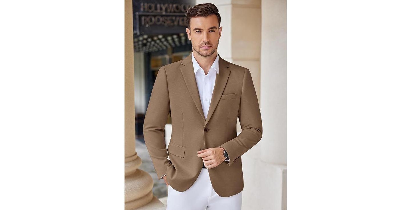 Мужской пиджак COOFANDY Casual Knit Blazer Stretch Slim Fit Sport Coat Two Button Lightweight Suit Jackets Light Grey, цвет: Светлый серый — фото 2