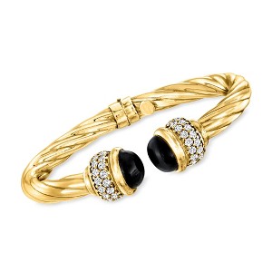 Ross-Simons Italian Onyx and 1.30 ct. t.w. CZ Twisted Cuff Bracelet in 18kt Gold Over Sterling - 1 of 3