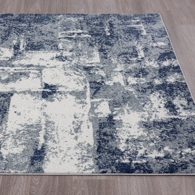 Blue and White Abstract Synthetic Rectangular Area Rug, 5' x 7'