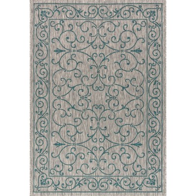 Boho-Chic Vintage Filigree Teal & Gray Synthetic Indoor/Outdoor Rug