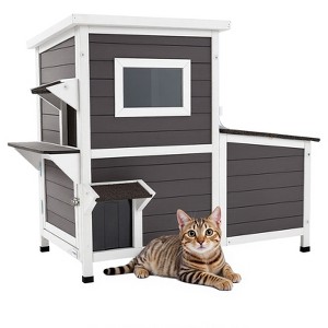 VEVOR Outdoor Cat House, 2-Story Wooden Cat Shelter for 3 Outside Cats in Winter, Elevated Feral Kitty Shelter with Stairs, White&Grey - 1 of 4