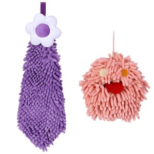 REGALWOVEN 2 Packs Soft Absorbent Flower Pattern Chenille Hand Towel with Loop 6" x 15"/7" x 7" - 1 of 4