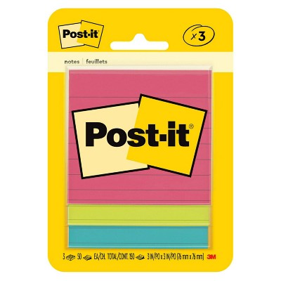 Post-it® Notes, 3 in. x 3 in., Poptimistic Collection, Lined, 3 Pads/Pack: Multicolor Sticky Notes, 50 Sheets per Pad