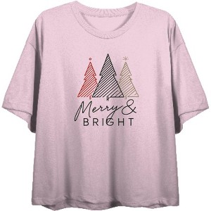 Merry & Bright Christmas Tree Line Art Women's Crew Neck Short Sleeve Crop Tee - 1 of 2