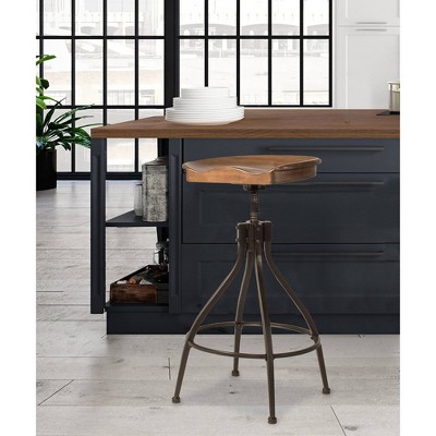 Worland Adjustable Brown Metal and Wood Swivel Bar Stool