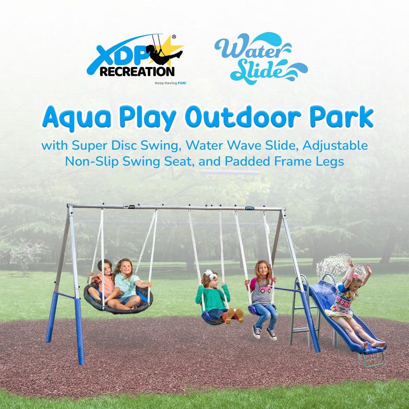 XDP Recreation Aqua Play Outdoor Park with Super Disc Swing, Water Wave Slide, Adjustable Non-Slip Swing Seat, and Padded Frame Legs, Silver/Blue, 2 of 7