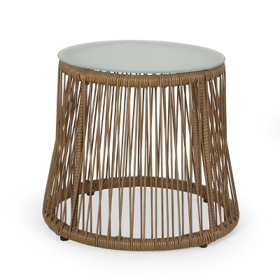 GDFStudio Helmville Outdoor Wicker and Iron Side Table, Light Brown