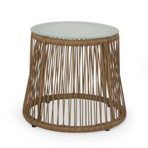 GDFStudio Helmville Outdoor Wicker and Iron Side Table, Light Brown - 1 of 4