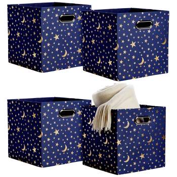 Okuna Outpost 4 Pack Fabric Storage Cube Bins, Cube Organizer, Blue with Gold Moons and Stars (11 x 11 in)
